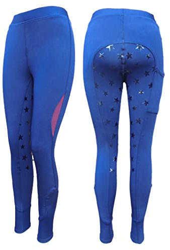 Childrens Full Seat Silicone Star Riding Tights with Pocket Kids Jodhpurs Jods (26, Navy)