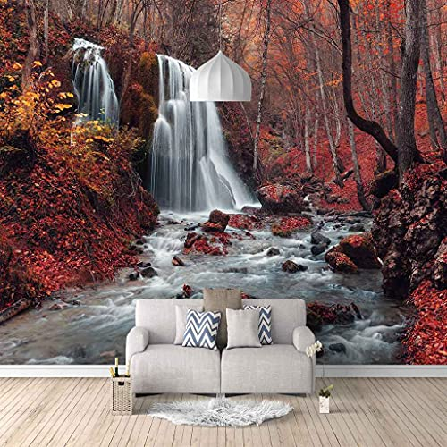 FVGKYS Wohnzimmer Schlafzimmer Hintergrund Wandbild Tapete Wandtattoo Wasserfalllandschaft Des Roten Waldes Benutzerdefinierte 3D Selbstklebend Fototapeten Wand Papier 300x210cm Heimdekoration Wandgem