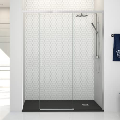 Mampara de Ducha Frontal Corredera | Cristal templado 6mm ANTICAL | Mampara Frente de Ducha de 2 Fijos + 1 Puerta Central | Altura 195cm | Transparente 220cm (Adaptable 215,1-220cm)