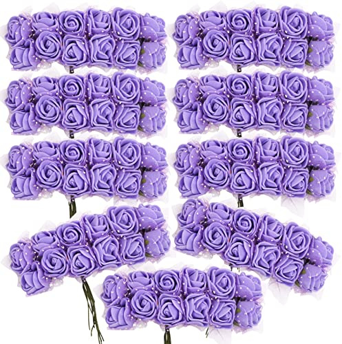 BETESSIN 144 STK. Künstliche Rosen Mini Schaumrosen mit Tüll Lila Deko Blumen Schaum mit Stiel 2 cm Kunstrosen Köpfe DIY Rosenköpfe Künstlich zum Basteln Party Hochzeit Brautstrauß Geschenk