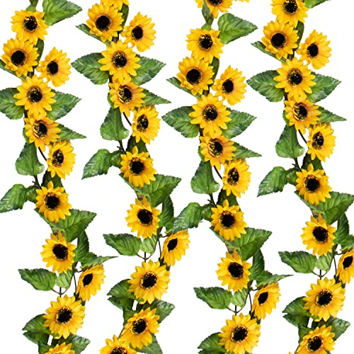Oairse 4er-Pack Kunstblumen wie echt Künstliche Sonnenblumengirlande 183cm, Jede Girlande mit 15 Sonnenblumen Ø8cm, Kunstblumen für Zuhause, Hochzeit, Party-Wandbogen-Dekoration