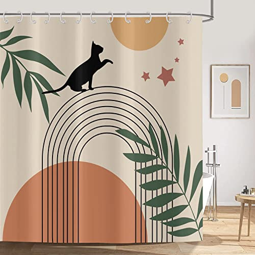 ASDCXZ Duschvorhang Boho 180x220 cm, Katze Sonne Blätter Linien Abstrakt Moderne Beige Bad Duschvorhänge Waschbar Polyester Textil braun Duschrollo für Badewanne mit 12 Haken, Muster-12