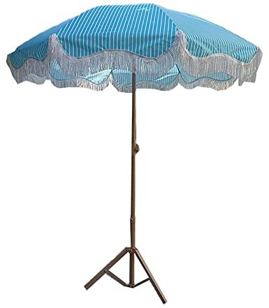 GQJNHUI Parasol Rayé Bleu avec Pompons De Luxe, Parasol De Plage Hawaïen Vintage avec Inclinaison Multi-Angles, Grand Parasol Rond pour Piscine, Jardin Et Terrasse sans Pied