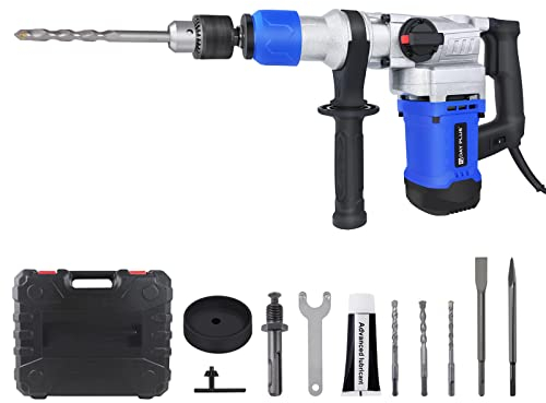 Schlagbohrmaschine Bohrhammer 1080W für Beton, Mauerwerk, Mauerwerk, Bohren, Hammerbohren und Meißeln, 4500RPM Drehbohrhammer mit 3 Bohrer, 2 Meißel und Koffer