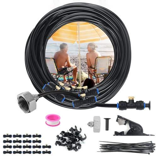 MaxEarn 63Pcs Misting Cooling System Set, 50FT (15m) Misting Line with 18 Brass Mist Nozzles+ 3/4 Adapter, Outdoor Water Spray Cooling Kit for Patio, Irrigation System, Backyard, Garden, Greenhouse