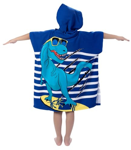 growell Hooded Kids Beach Towels - Toddler Bath Towel Girls Boys Swim Cover-ups for Ages 1 to 6 Kids Pool Towels Quick Dry Lightweight Soft Microfiber Poncho Towel 24x23 (Dinosaur Navy)