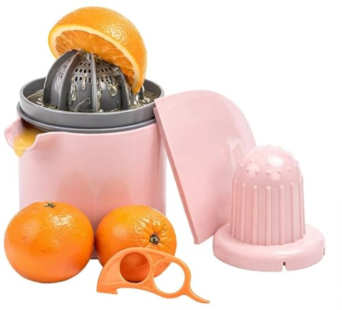AEX Manual Citrus Juicer with Container – Lemon & Lime Hand Press with Dual Reamer, BPA-Free Portable Lemon Squeezer, Easy-Clean Manual Juicer for Home Kitchens & Daily Use (Pink)