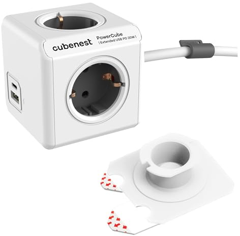 Cubenest Power Cube Extended Steckdosenwürfel USB PD 20W mit USB-A & USB-C Anschlüssen | 1.5m Kabel, Schuko Typ F | Mehrfachsteckdosen Schnellladefunktion für DE/at/NL/FI/ESP/PT/HR/SI/HU (Grau 20W)