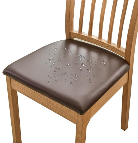 HOMECOVER Esszimmerstuhl Sitzbezüge 4er Set Wasserdicht Stuhlbezug, PU Leather Stuhlbezug Sitzfläche Abnehmbar Stretch Esszimmerstuhl Sitzbezüge Für Esszimmerstühle-4er Set-braun