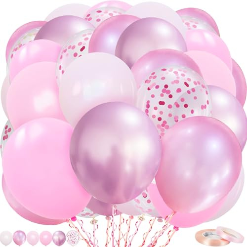 Luftballons Rosa, 60 Stück Rosa Ballons, 12 Zoll Macaron Pastell Metallisc Rosa Konfetti Ballons mit Band für Mädchen Babyparty Hochzeit Geburtstag Brautparty Deko