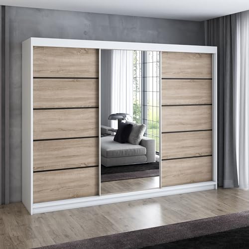 A&J MöbelLand Schwebetürenschrank VILUNO 2 Kleiderschrank 3-türig 200 cm mit Spiegel, 4 Schubladen & 2 Kleiderstangen, Geräumiger Schlafzimmerschrank (Weiß/Sonoma)