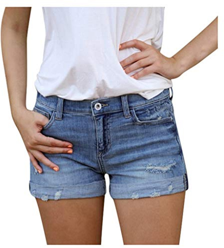 Damen High Waist Basic Jeansshorts Bequeme Kurze Jeans Hosen Denim Shorts Jeans Hot Pants Mädchen Größe XS, Übergrößen 2XL