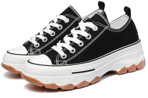 Nexsus Plus Ladies Women Chunky Sole Lace Up Low Top Sneakers Trainers (Black, UK Footwear Size System, Adult, Women, Numeric, Medium, 6)