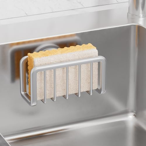TAILI Soporte Estropajo Fregadero con Ventosa para la Cocina - Plata | Soporte Esponja Fregadero con Ventosa Fuerte, Soporte de Aluminio Inoxidable para Estropajo, extraíble para Cocina