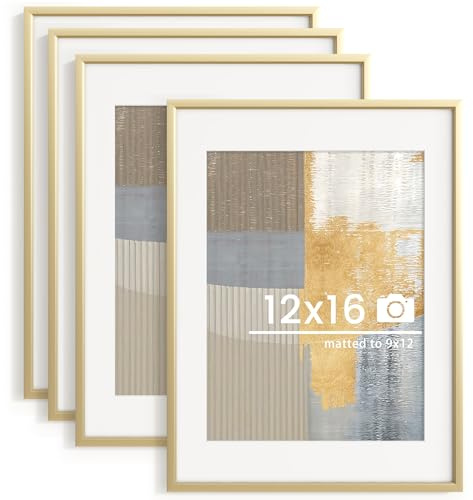 12x16 inch Metal Picture Frame - 12 x 16 Thin Aluminum Photo Frames with 9x12 Removable Mat - High Definition Plexiglass - Vertical and Horizontal Display - Wall Hook Hanging Hardware Included - Gold, Set of 4