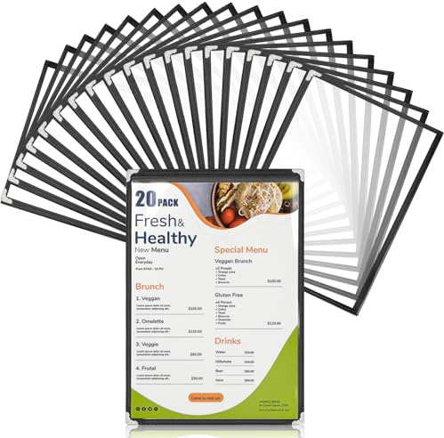 WenYa Lot de 20 couvertures de menu A4 - 1 page - 2 vues - Style café - Bordure noire transparente - Avec protections d'angle en métal - Convient au papier de format A4 pour restaurants, bars, cafés,