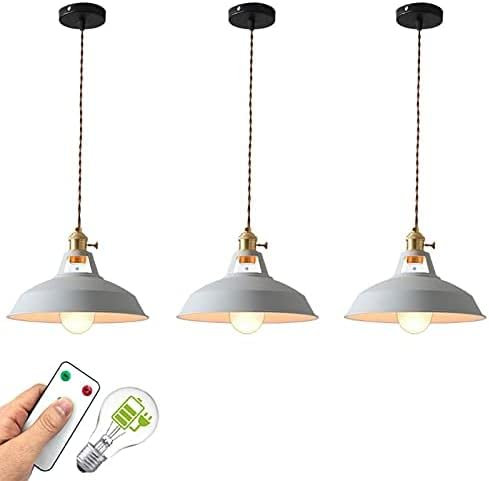 OJXIER Iluminación Colgante para Isla de Cocina, Paquete de 3 Luces Colgantes Modernas, luz Colgante Que Funciona con batería con Bombillas remotas Recargables de 400 lúmenes (Color: Rosa) (Gris)
