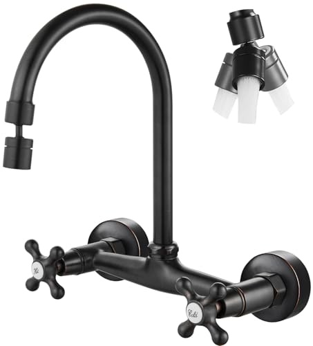 Airuida Wall Mount Kitchen Faucet with Sprayer Wall Mounted Kitchen Sink Faucet Double Cross Handles 360 Degree Swivel Spout Restaurant Mixer Tap Commercial 8 Inch Center-Oil Rubbed Bronze
