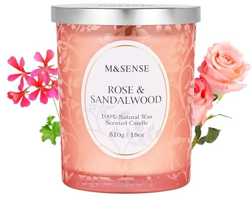M&SENSE 510g Scented Candle, Rose Sandalwood Scent, Wooden Wick Candle, Crackling Candles, 100h Long Burning Large Candles, Natural Organic Soy Wax, Gift for Men,Women,Family,Friend