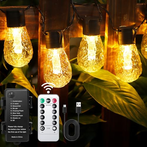 DSLebeen Guirlande lumineuse à piles d'extérieur : 5000 mAh rechargeable, alimentée par batterie, étanche, 9 m, ampoule décorative LED avec télécommande, portable pour jardin, camping, pergola