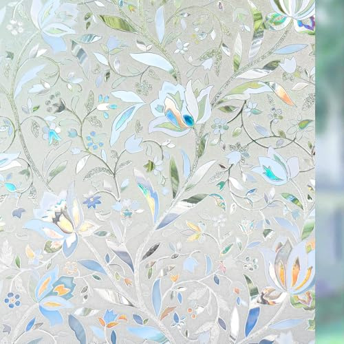 DOWELL Decorative Window Film Privacy Film for Glass Windows, 3D Rainbow Glass Film Static Cling, Opaque Frosted Stickers No Glue Anti UV, for Home, Kitchen, Tulip 44.5×200cm