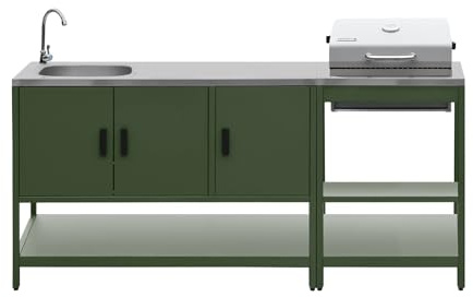 Cucina da esterno modulare con barbecue a carbonella e lavandino, 2 moduli, Naxos, Verde, 60x58.5x138 cm
