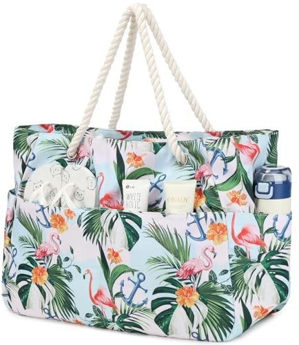 Suweir Strandtasche XXL Familie mit Reißverschluss & Nassfach wasserabweisend Badetasche Groß Damen Beach Bag mit 8 Fächern & Baumwollseil-Griffen für Mamas Wochenendtrip Wellness Therme