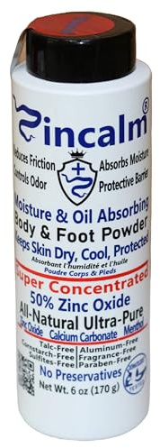 Zincalm All-Natural Body & Foot Powder, Concentrated 50% Zinc, Cornstarch-Free Moisture/Odor Absorbing Anti-Chafing/Friction, Itch Relief Formula for Dry/Cool Skin with Ultra-Pure Calcium & Menthol