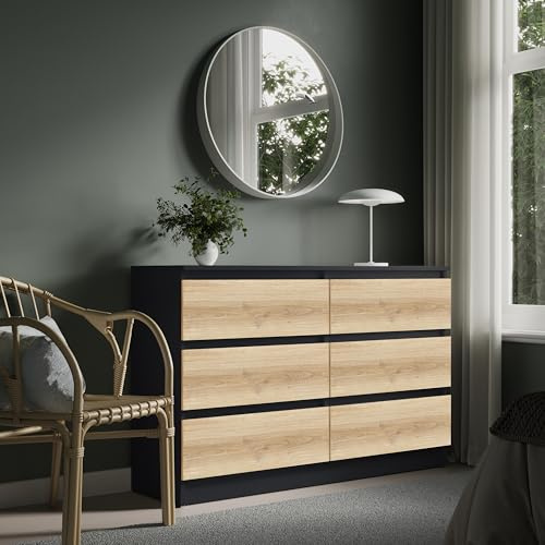 Home Collective Kommode mit 6 Schubladen Kommode Holz Schrank mit Schubladen Sideboard Highboard Anrichte Schlafzimmer Wohnzimmer Flur Büro | Breite 120 cm Höhe 78 cm | anthrazit Artisan-Eiche
