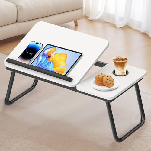 Huracan Table d'ordinateur Portable pour lit, Plateau de lit avec Bandes antidérapantes, Table Lits Pliable, 5 Niveaux d'inclinaison, Support d'ordinateur Portable pour canapé, Blanc Chaud