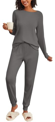 Ekouaer Womens Pyjamas Ribbed Elasticated Cuffs Pjs Set, Grey, L