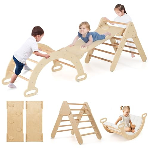 COSTWAY 4 in 1 Set da Arrampicata per Bambini, con Triangolo Salita ed Arco | Giochi Montessori per Bambini 1 Anno+, Giocattoli da Arrampicata a Triangolo in Legno, Naturale con Cuscino