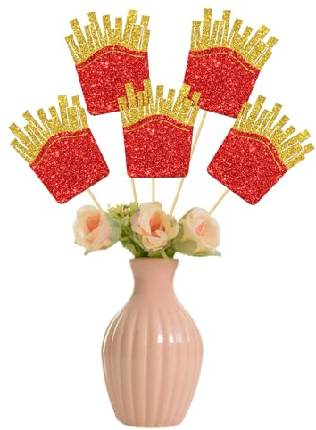 French Fries Centerpiece Sticks - Fast Food Party Centerpieces - Baby Shower Bridal Shower Birthday BBQ Wedding Fiesta Party Table Decorations - Glitter Gold Red 12 PCS