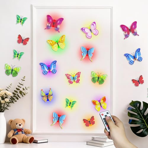 PChero Lot de 36 autocollants muraux magnétiques 3D avec 12 lumières LED à changement de couleur et minuterie pour chambre à coucher, chambre d'enfant, décoration murale