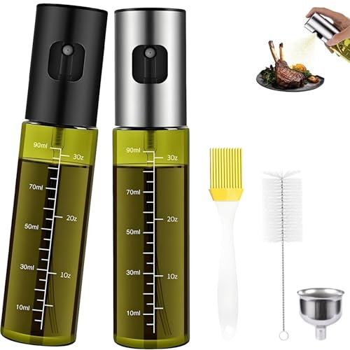 2 Stück Ölsprüher für Speiseöl,100ml UV-Schutz Glas Öl Sprühflasche, Ölspray zum kochen,Oil Sprayer mit Skala &Edelstahl-Trichter Olivenöl-Sprühflasche für Heißluftfritteusen, Grillen und Backwaren
