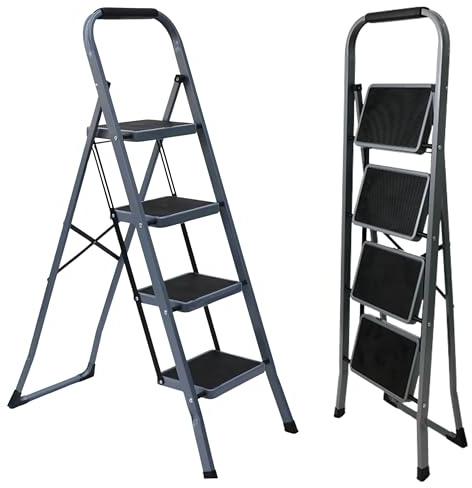UABA Escalera Plegable, 4 Peldaños, Gris, Asa Cómoda, Compacta, EN 131