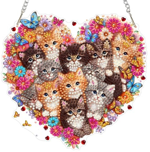 MXJSUA Katzen Diamond Painting Anhänger für Erwachsene, Diamond Painting Fensterbilder für Adults, Bastelset Kreativ Set Hängend Ornament Geschenke Tür Fenster Wand Decor