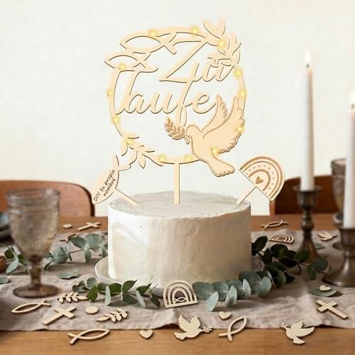 Tortendeko Taufe mit LED Lichterkette, Holz Cake Topper Taufe Deko+ 32 Taufelemente aus Holz (Taube, Fisch, Kreuz u.v.m.) – Für Jungen & Mädchen als Tortenstecker
