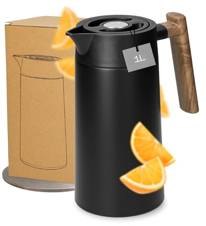 Wasserkaraffe 1L aus Edelstahl - auslaufsichere Thermokanne mit Deckel | doppelwandig, Kanne, auslaufsicher, heiß und kalt, isoliert, Büro, Küche, gravierbar, langlebig
