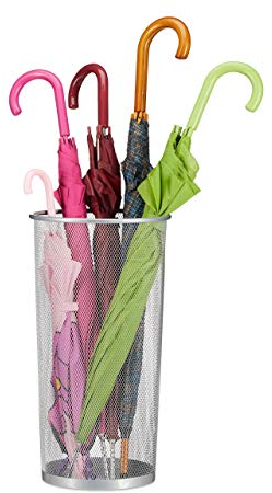 Relaxdays Schirmständer Metall, runder Schirmhalter aus Korbgeflecht, Stockhalter universal, 26 cm Ø, 50 cm hoch, silber