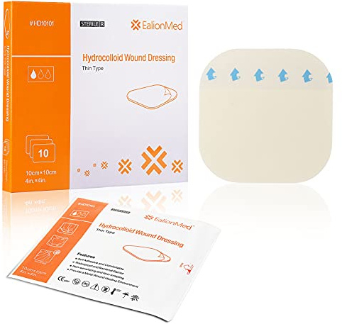 Hydrocolloid Bandage, Hydrocolloid Wound Dressing Thin Type 4'' x 4'' for Light Exudate Wound, Pressure Ulcer, Bed Sore, Surgical Wound,Superficial Wound, 10 Pack by EalionMed