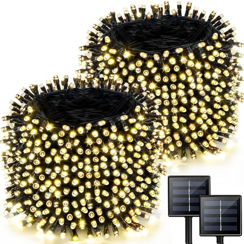 2 Pack 480 LED Solar String Lights for Outside, 170 FT Super Long Solar Chrismas Lights Outdoor with 8 Modes & Memory Function, Waterproof Twinkle Light for Xmas Tree Party Decorations (Warm White)