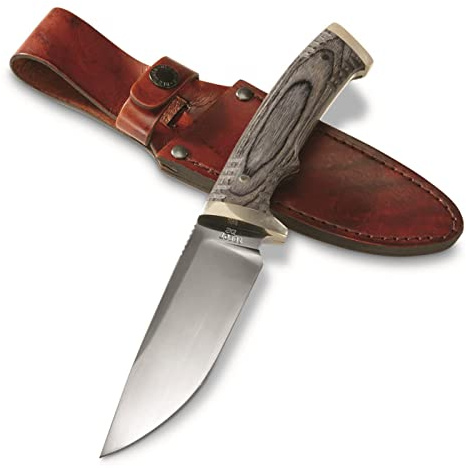 Old Timer Heritage Series 169OT 10.25in Fixed Blade Knife with Stainless Steel Drop Point Blade, Laminate Wood Handle, Full Tang Design, and Leather Sheath for Hunting, Camping, EDC, and Outdoors