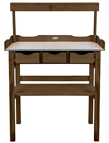 Rivanto® Pflanztisch mit 3 Schubläden, Ablage und Rückwand, L 37,9 x B 80,1 x H 113 cm, FSC-Kiefernholz braun