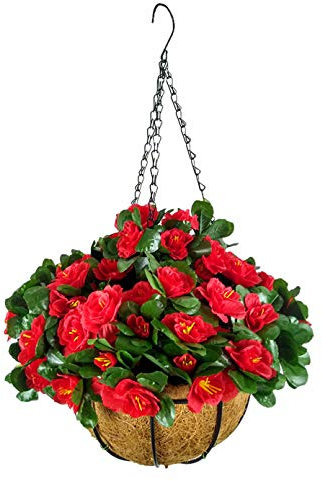 Künstliche Rhododendron-Seide, rote Blumen, Azaleen-Kette, Hängekorb mit Blumentopf für drinnen und draußen, Garten, Balkon (großer Korb)