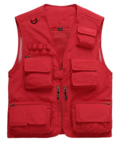 Hommes Dames Sport Utilitaire Gilet Gilet Gilet extérieur pêche à séchage Rapide Photographie décontracté évider Mince Multi-Poches Gilet Veste sans Manches Veste Gilet,Rouge,XXL