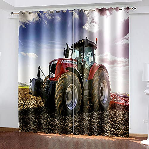LWXBJX Verdunkelungsvorhang kinderzimmer - Blau Himmel Traktor - 3D Druckmuster Öse Thermisch isoliert - 200 x 214 cm - 90% Blickdicht Vorhang für Kinder Jungen Mädchen Spielzimmer