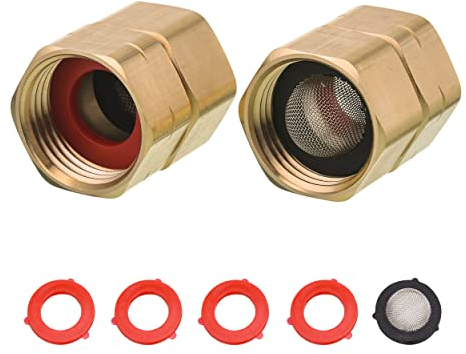 M MINGLE Gartenschlauch-Adapter, Innengewinde auf Innengewinde, 3/4-Zoll-Messing-Anschlussstücke mit doppeltem Drehgelenk, 2er-Pack mit extra 4 Unterlegscheiben und 1 Filter