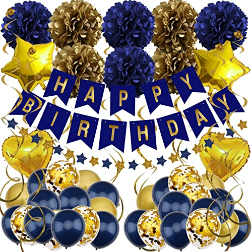 Zerodeco Decorazioni per Compleanni, Blu Navy Oro - Happy Birthday Palloncini per Ragazzi e Ragazze