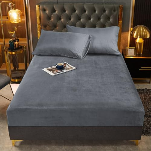 Fleece Spannbettlaken 200x200 Grau Graue Plüsch Warm Winter Bettlaken Leintuch Boxspringbett Frottee Kuschelige Spannleintuch 200 x 200 Doppelbett Uni Muster Bettspanntuch für Hohe Matratze